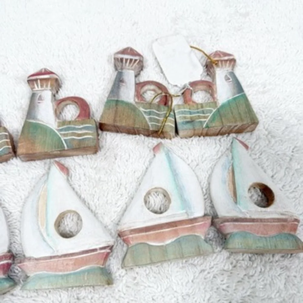 Cottage Nautical 8 Wooden Napkin Rings Sailboat Lighthouse Beach Table Decor